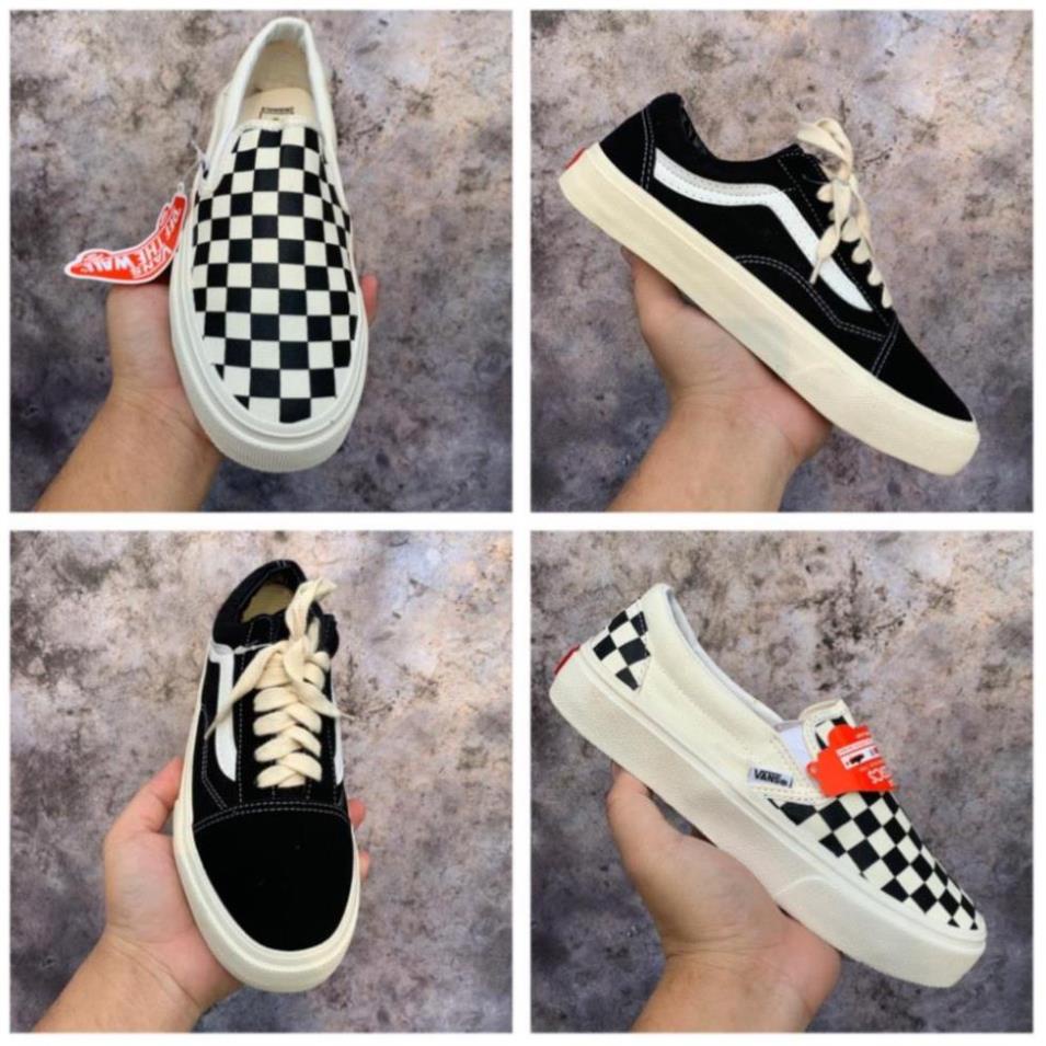 Giày Vans dán Slip On Strap Fear Of God Đen Trắng + Vans Caro, Giày Vans Dán Nam Nữ Đủ Size, Full Box Bill