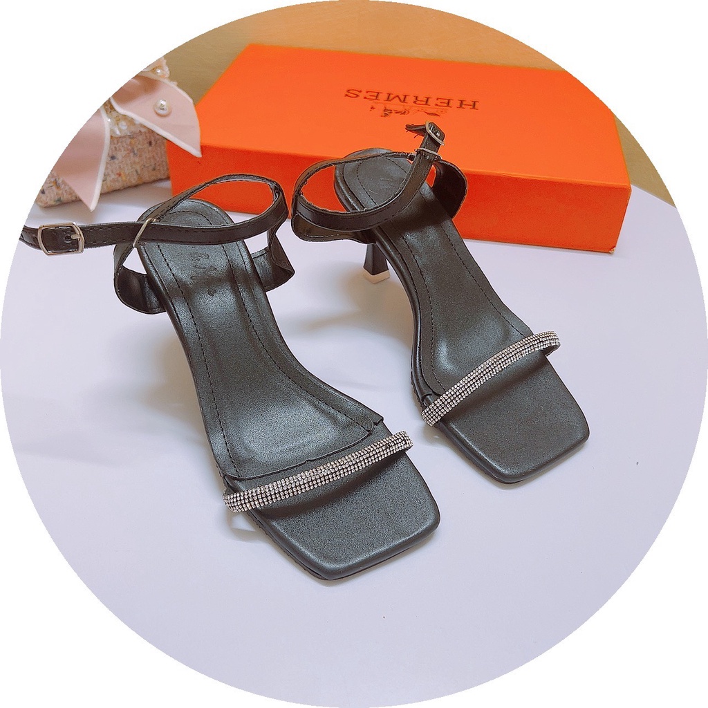 Free ship Giày cao gót, Sandal cao gót quai mảnh đá gót nhọn 7p da lì đi xinh xỉu
