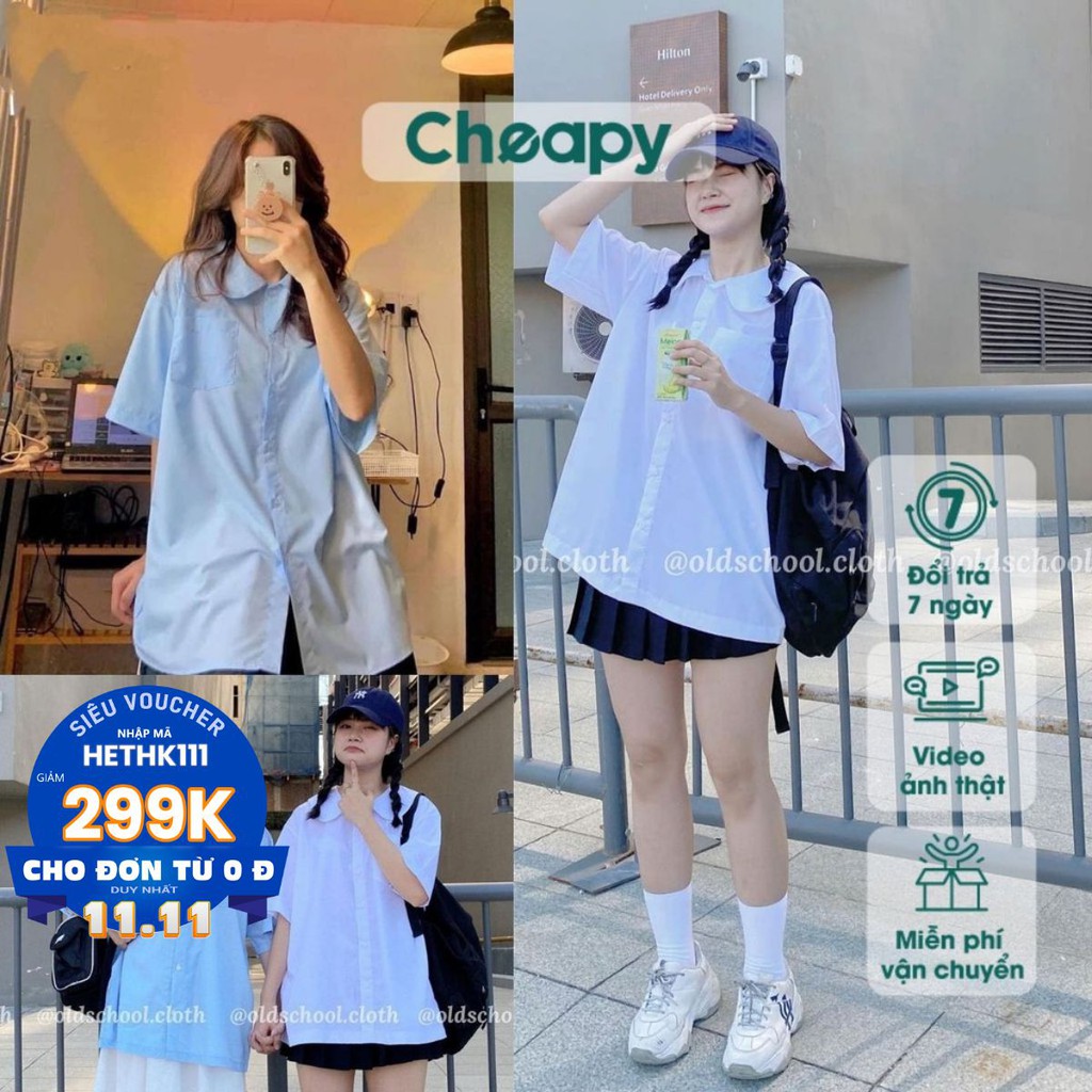 Áo sơ mi nữ cổ sen túi ngực Cheapy tay ngắn form rộng chất đũi xanh trắng đẹp kiểu Hàn Quốc C471