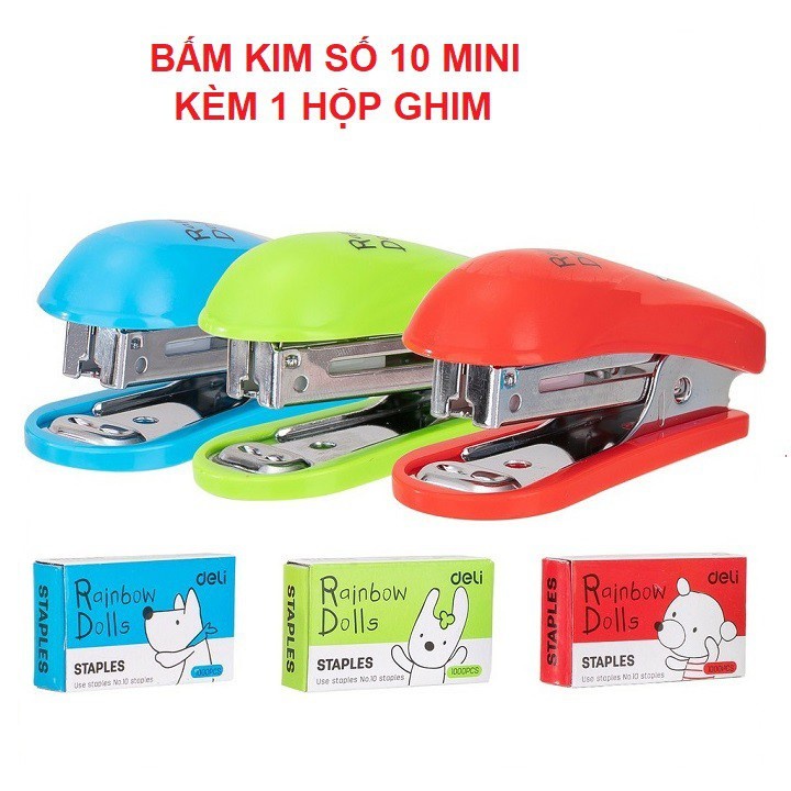 Bấm ghim, dập ghim cầm tay mini deli 0253 hình chú chó dễ thương 3 màu xanh biển, đỏ, xanh lá