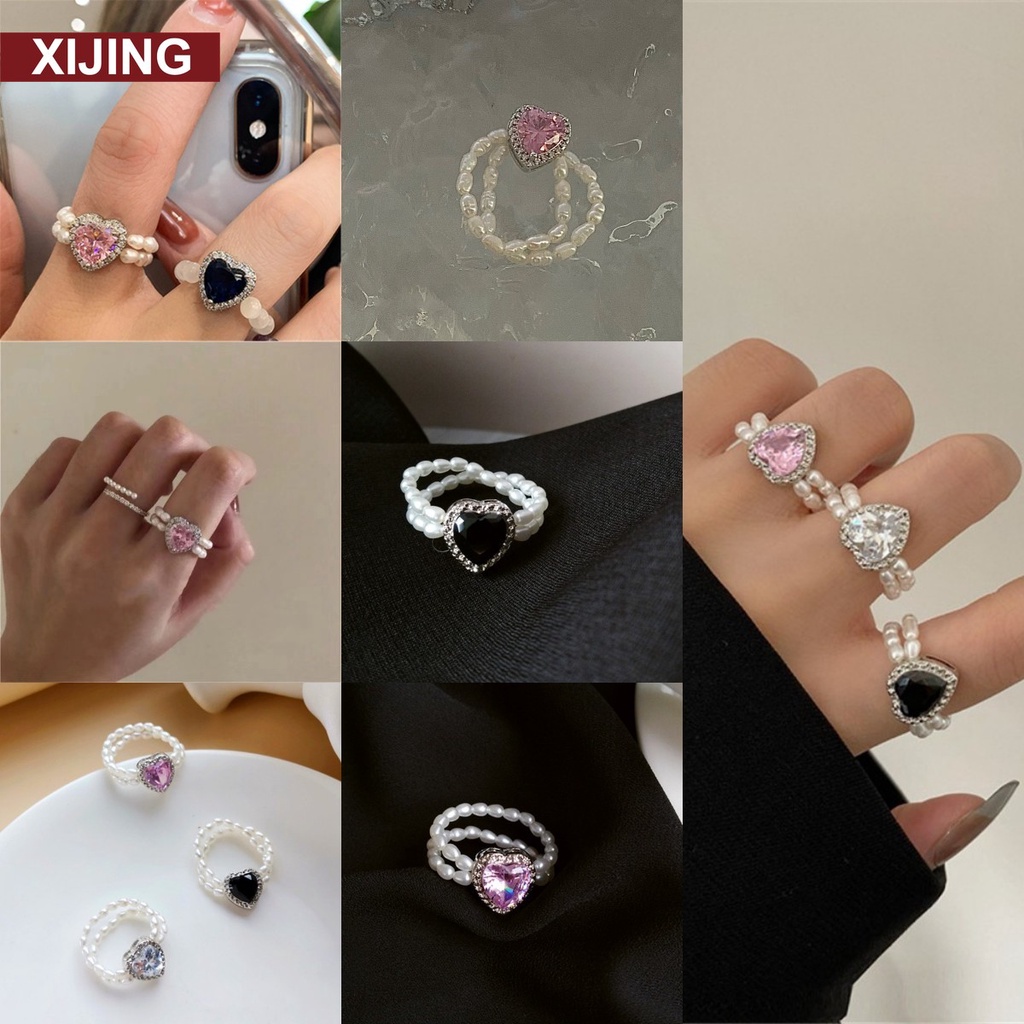 Nhẫn hai lớp đính đá ngọc trai hình trái tim xinh xắn hợp thời trang