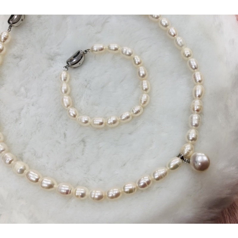 Bộ trang sức ngọc trai nhân tạo gạo trắng 2 món khóa bạc 8ly