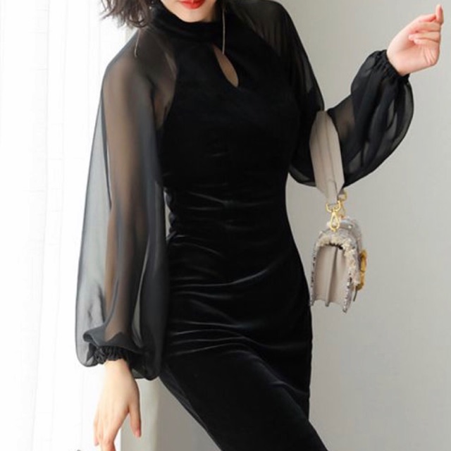 Đầm nhung body phối lưới tay ( full màu)