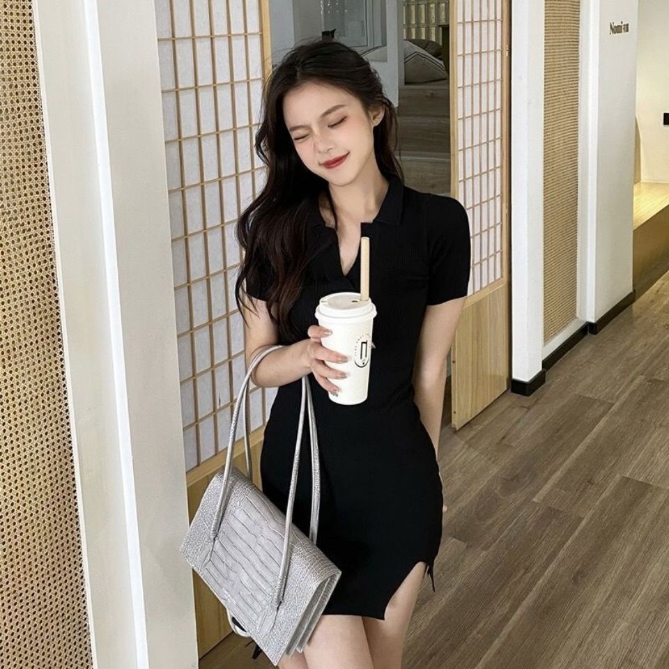 Đầm Thun polo Màu Đen Ôm Dáng Quyến Rũ Thời Trang Mùa Hè Phong Cách Hàn Quốc Cho Nữ