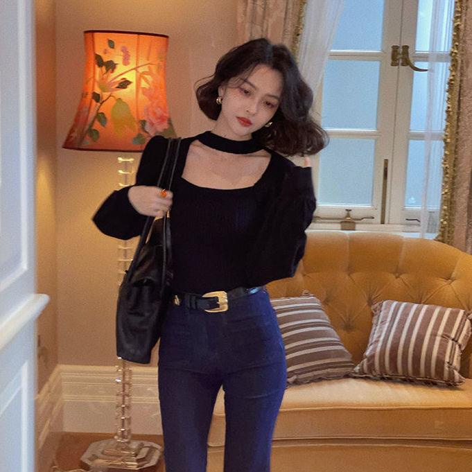 Áo Sweater Cổ Vuông Hở Lưng Màu Đỏ Phong Cách Nước Ngoài Thời Trang Thu Đông