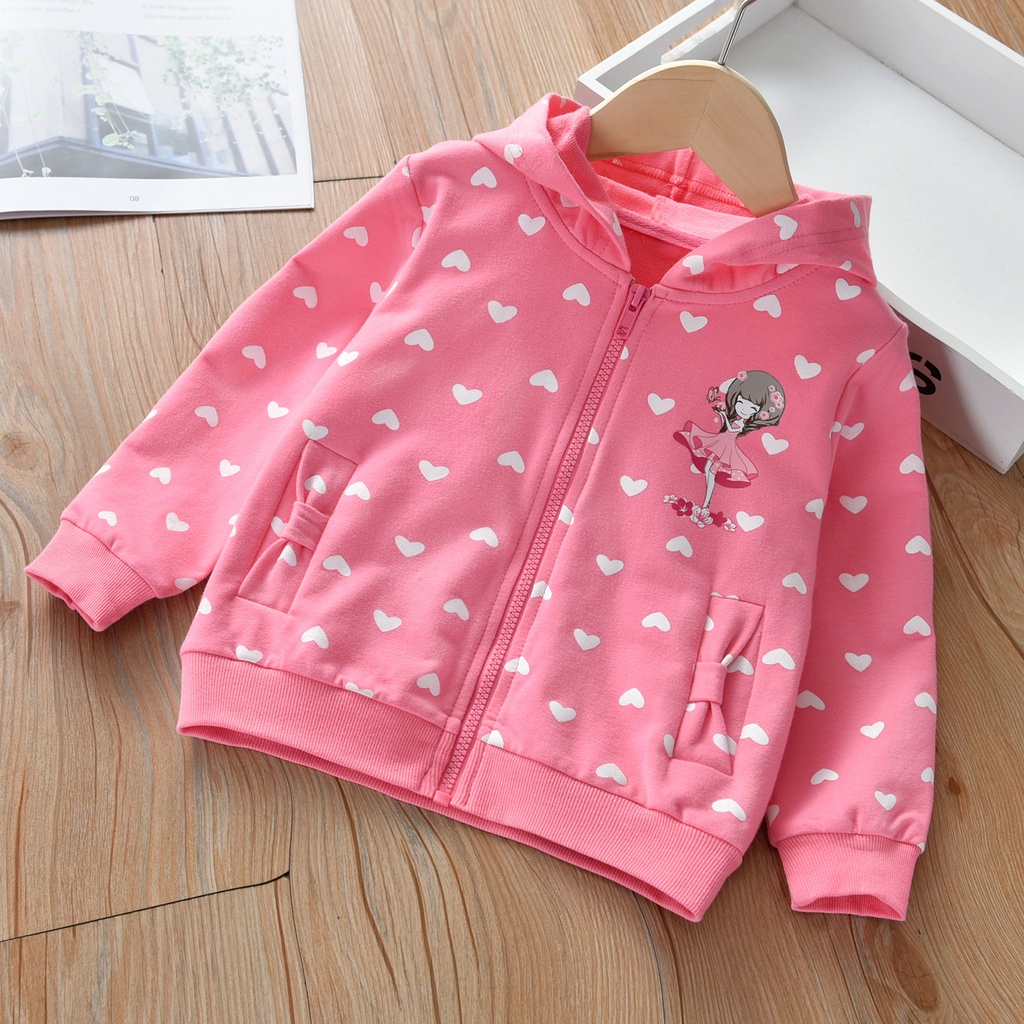 Áo khoác thời trang có mũ trùm đầu tay dài in hình trái tim đáng yêu dành cho bé gái 1-10 tuổi