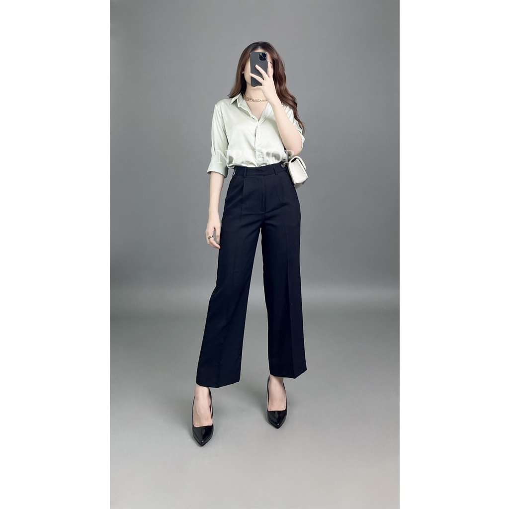 Quần tây nữ ống rộng lưng cao 2 nút màu xanh, đen NPQ050