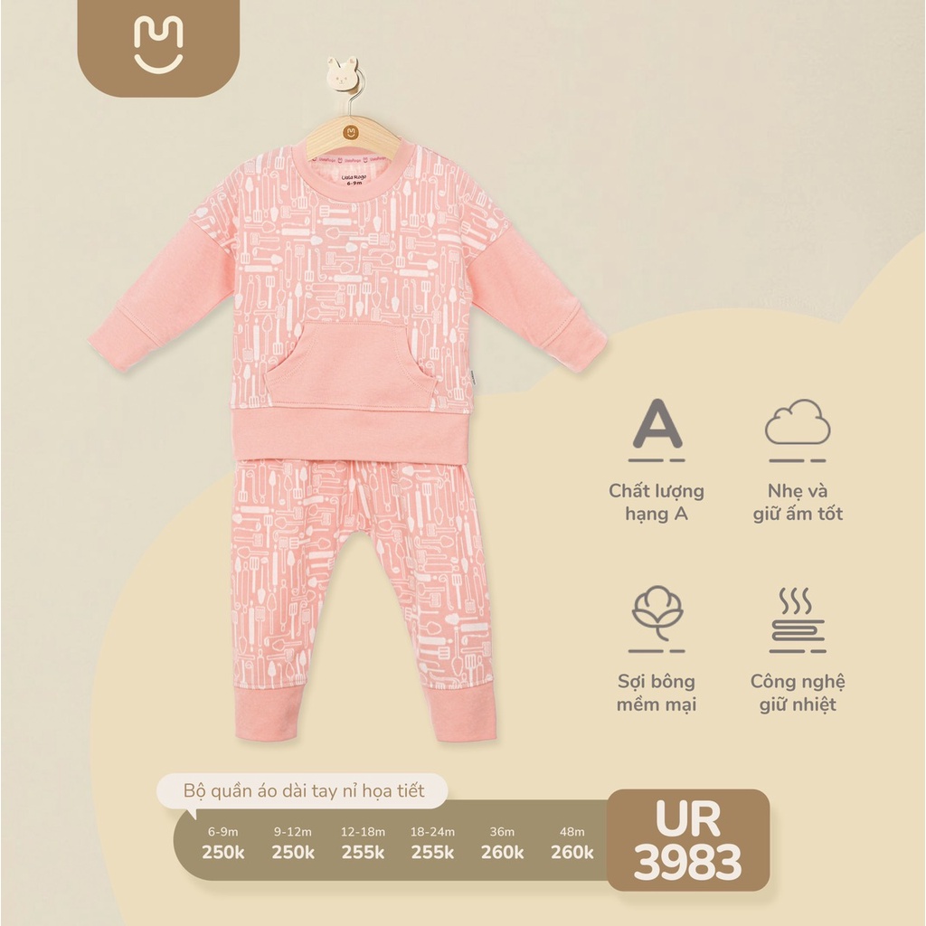 Bộ QA nỉ Thu Đông họa tiết cho bé Ualarogo 6 tháng - 4 tuổi cotton dài tay cổ tròn cúc cài vai 3983