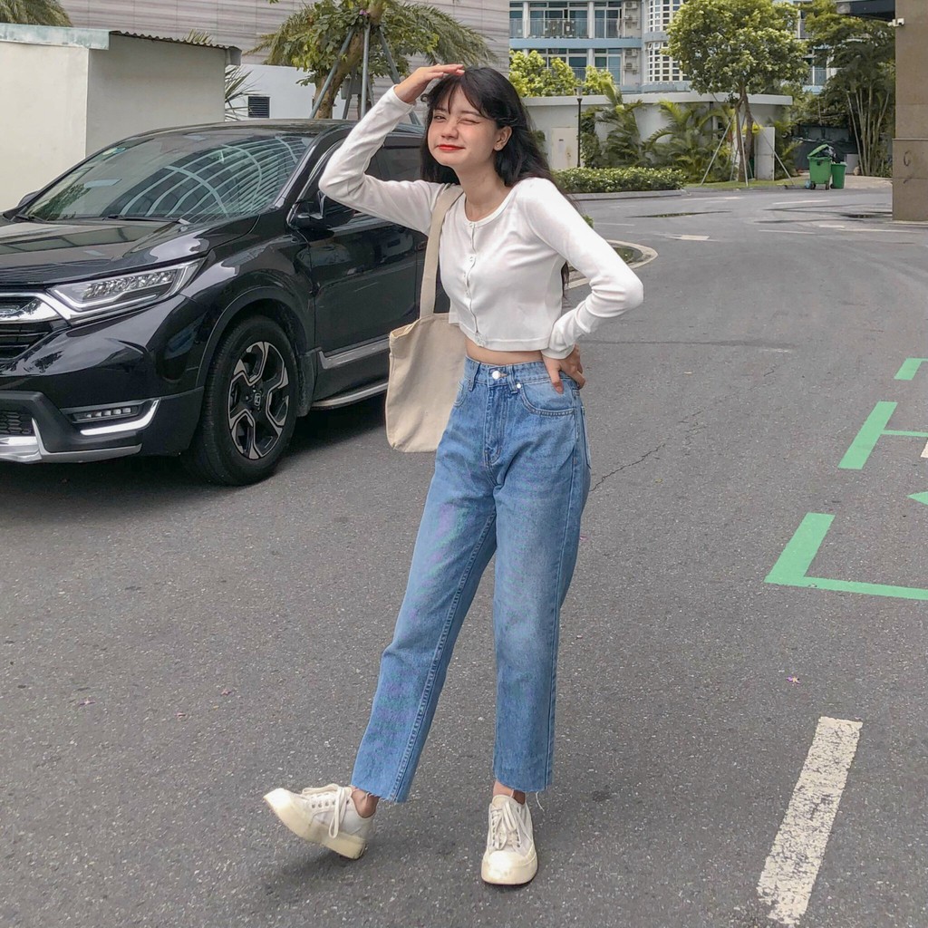 Quần Jeans Nữ Lưng Cao Dáng Baggy Màu Xanh Wash Râu Mèo LDRB-102