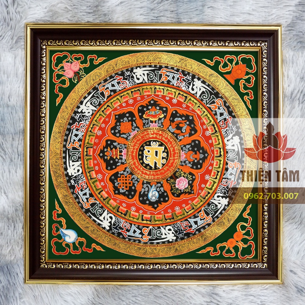 Tranh Chú Lăng Nghiêm Mandala 36x36cm bằng vải phủ bóng, khung composite xịn xò