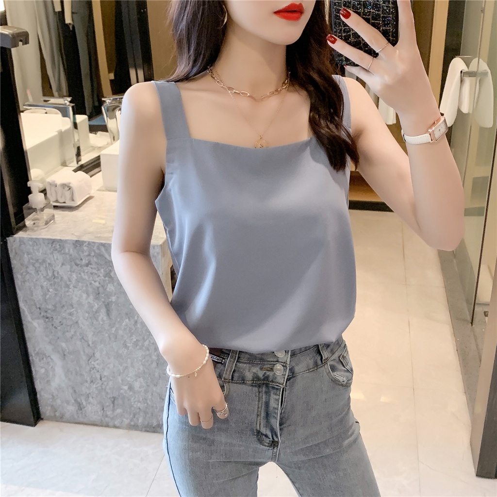 Áo Voan Hai Dây Cổ Vuông Dáng Rộng Màu Trắng Đen Thời Trang Mùa Hè Cho Nữ