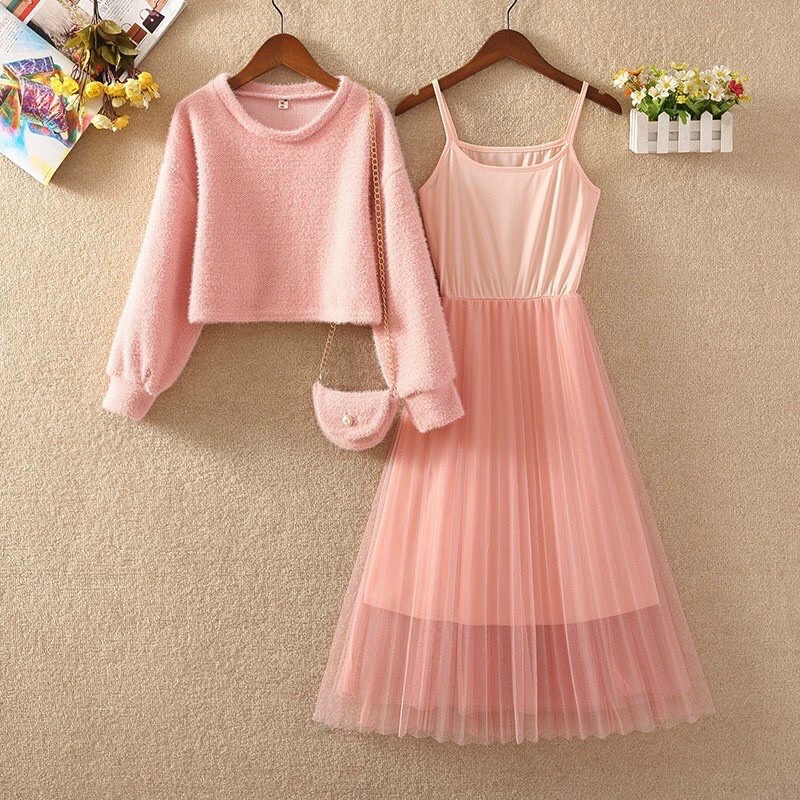 SET CÔNG CHÚA VÁY 2 DÂY CHÂN VOAN VÀ ÁO DẠ LÔNG KÈM TÚI ĐEO