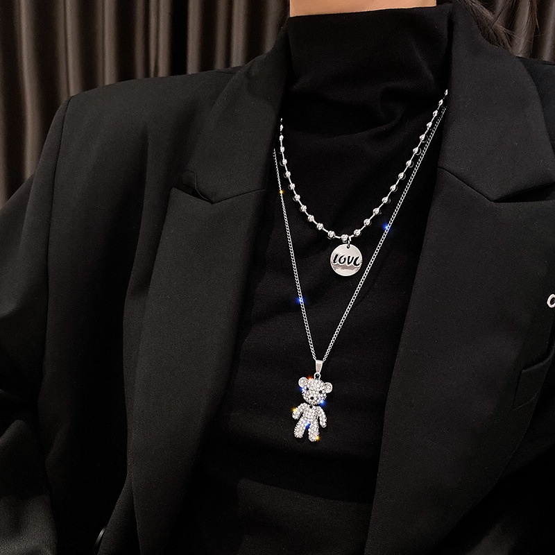 Vòng cổ Hai Lớp Bằng Thép Titan Cao Cấp Hình Gấu Đính Kim Cương Sang Trọng