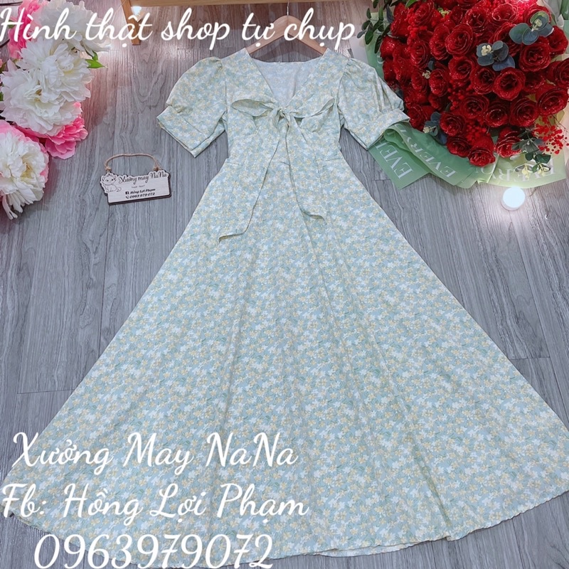 Maxi hoa nhí cột nơ tay phồng