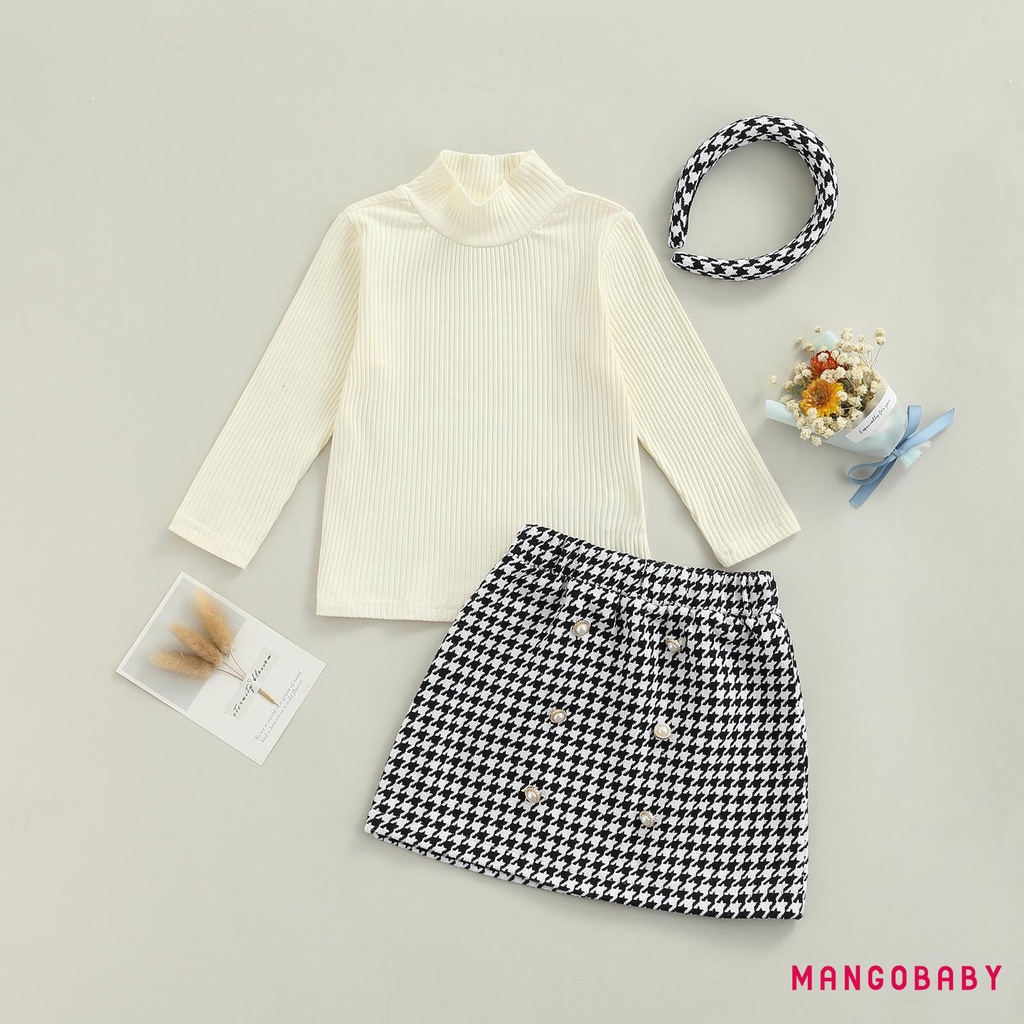 Set đồ 3 món gồm áo tay dài dệt kim + chân váy kẻ sọc + băng cài đầu thời trang mùa thu cho bé gái