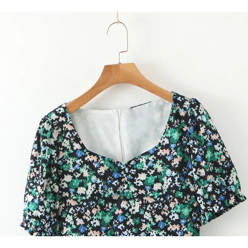 Zara Morocco full tag - Đầm Zara hoa xanh nhí xẻ đùi tôn dáng đẹp chân dài DH1XDG5N9