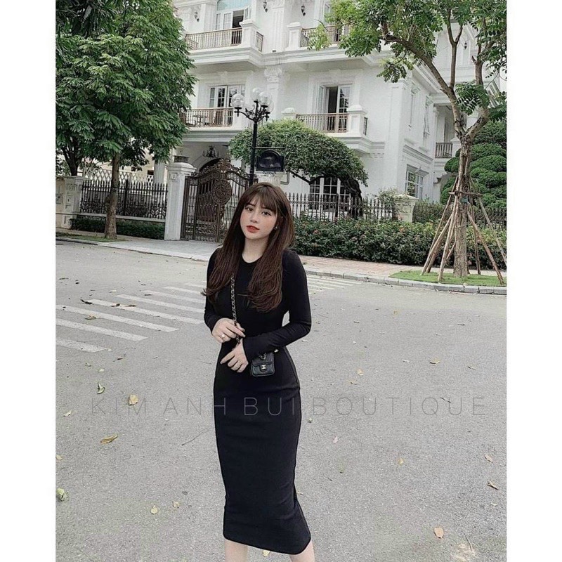 VÁY LEN BODY NHUNG TĂM CỔ TRÒN , Váy len body dài tay khoá lưng nhiều màu hàng đẹp , Đầm len body dài tay