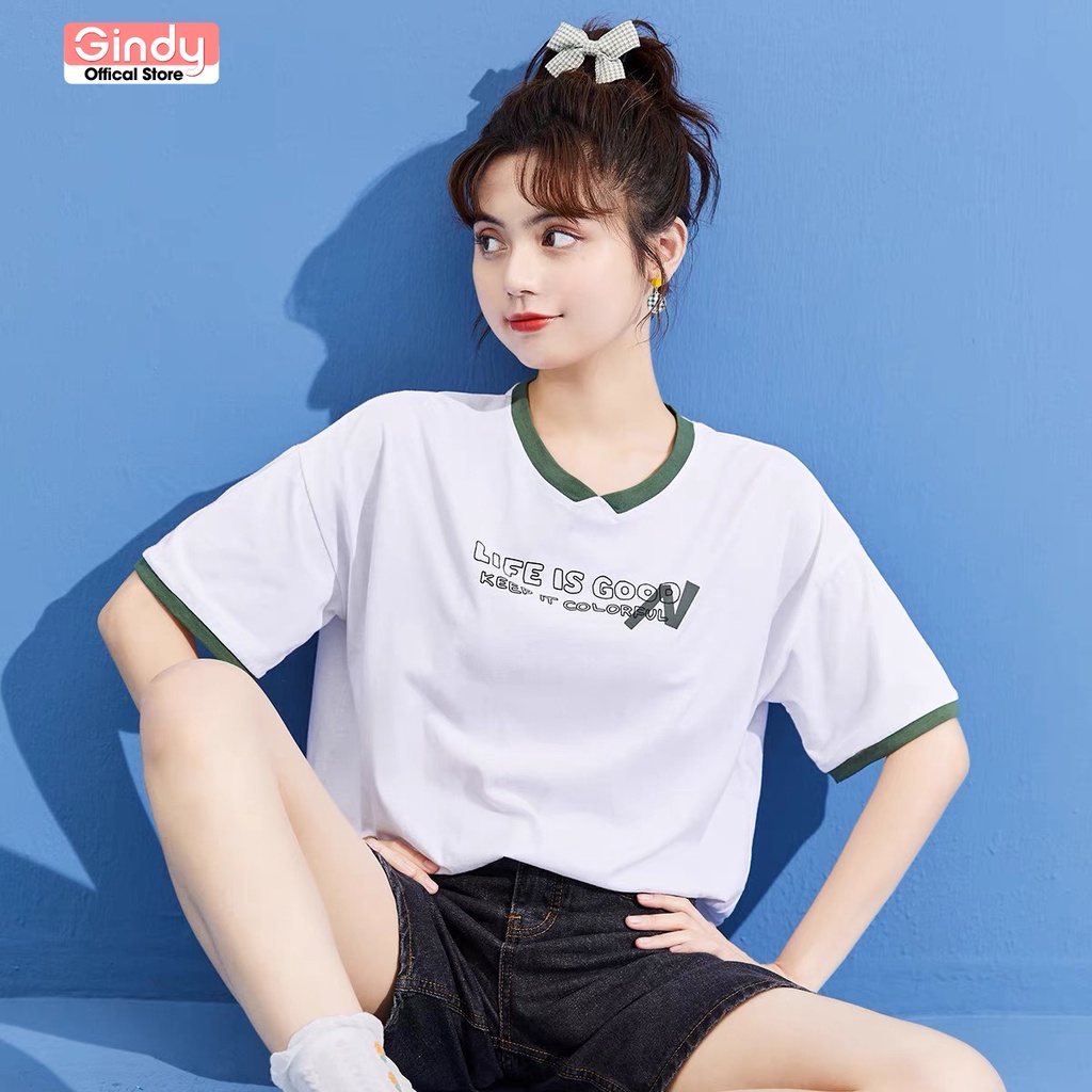Áo thun nữ form rộng tay lỡ phông basic unisex cổ tròn GINDY chất cotton thoáng mát A6174