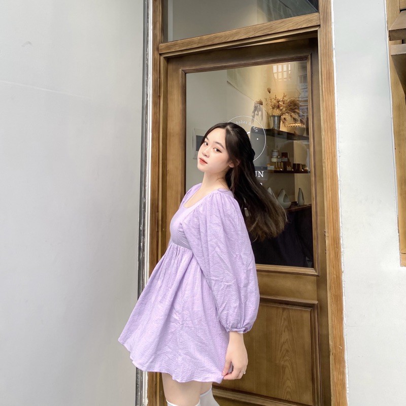 ĐẦM TÍM DÁNG NGẮN XÒE BỒNG TAY DÀI