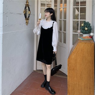 (ORDER) Váy nhung cổ viền sơ mi