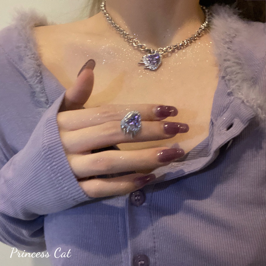 Bộ trang sức MANYUE gồm khuyên tai và vòng cổ hình trái tim màu tím đính đá phong cách Hàn Quốc (có bán lẻ)