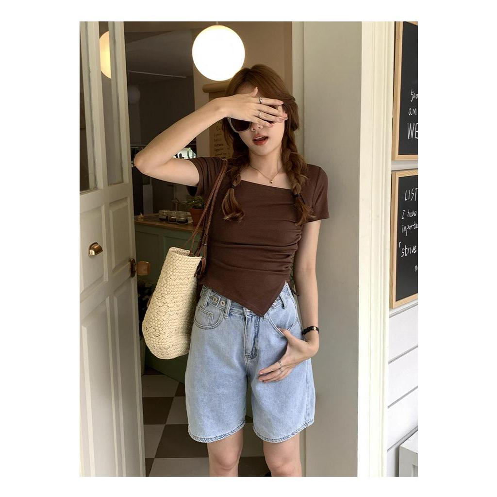 Áo Thun Tay Ngắn Cổ Vuông Xếp Ly Kiểu Mới 63844