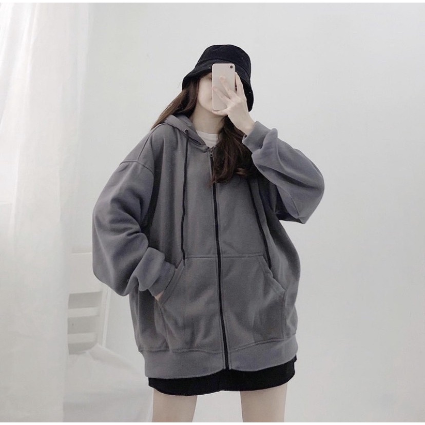 Áo Khoác Hoodie Unisex Vải Nỉ Phối Zip Màu Xám Trơn Cực Hot CADO FASHION