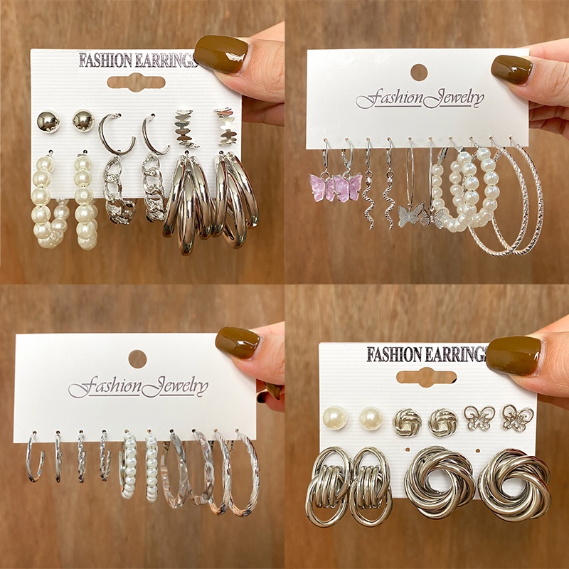 Set 10 khuyên tai kim loại tròn họa tiết bướm phong cách bohemian