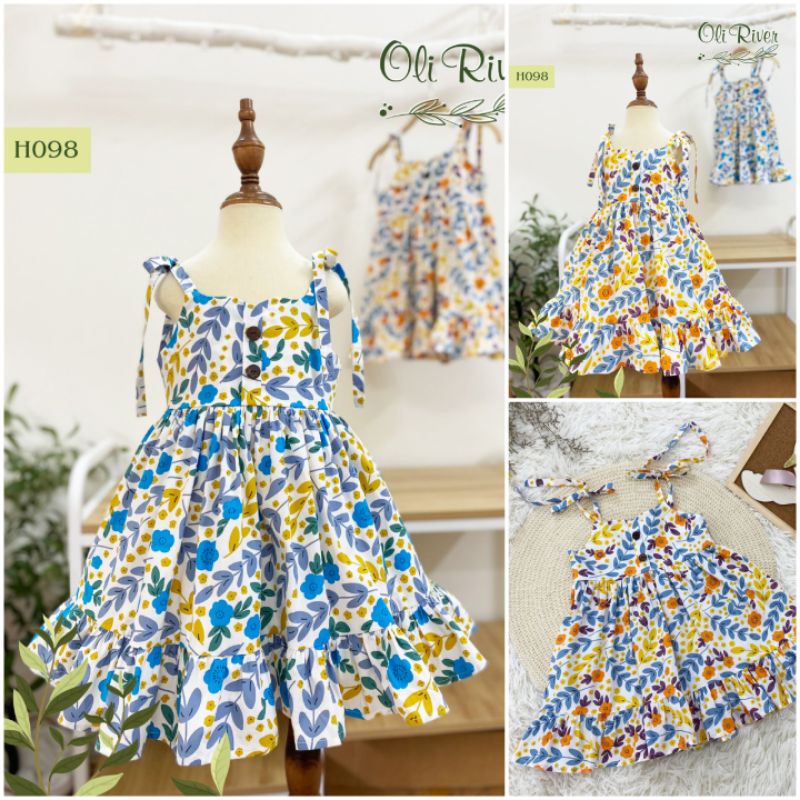 (1->10 tuổi) Váy đầm bé gái 2 dây dáng xòe họa tiết hoa lá siêu xinh chuẩn hãng Oli river (H098)