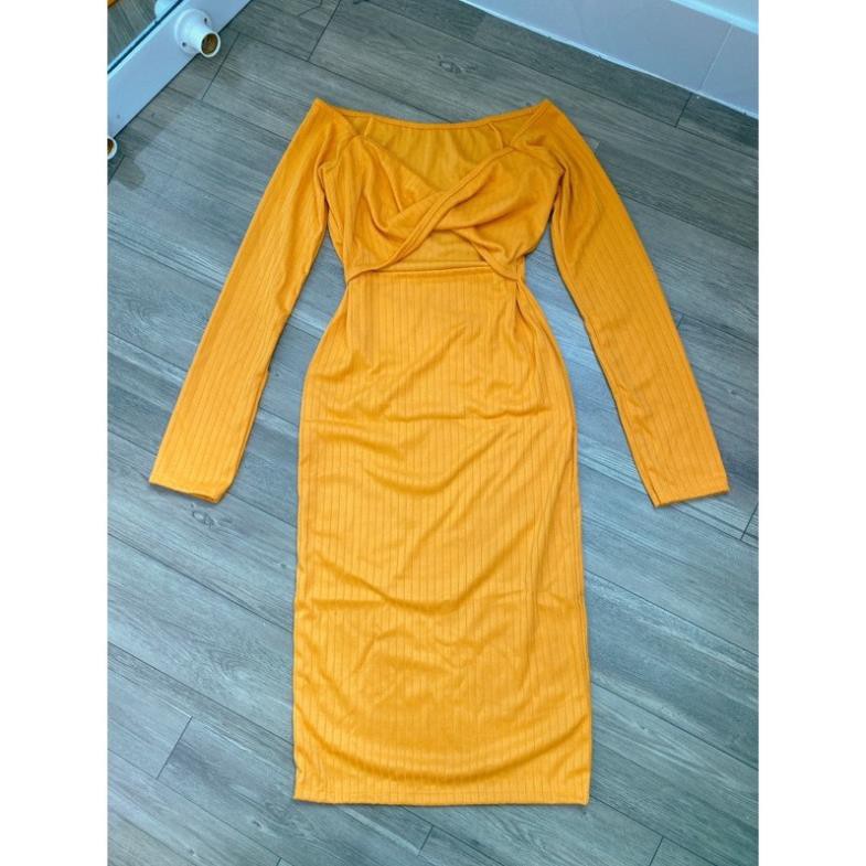 Đầm Thun Gân Tay Dài Ôm Body Trễ Vai Xoắn Chéo Hở Lưng Sexy Đen Vàng Đất DRDT04 | BigBuy360 - bigbuy360.vn