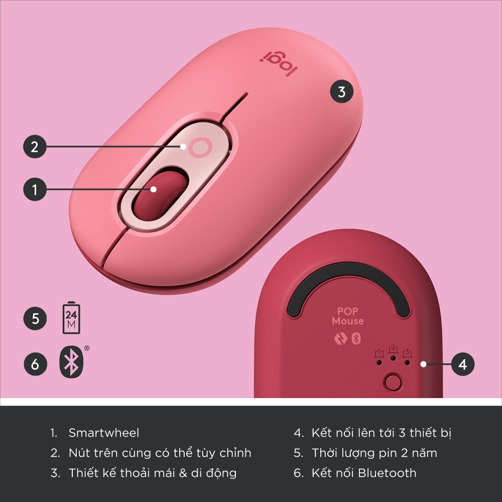 Chuột Không Dây Bluetooth Logitech WITH EMOJI (POP MOUSE)- Giảm Ồn, Nút Emoji Tùy Chỉnh - Hàng Chính Hãng