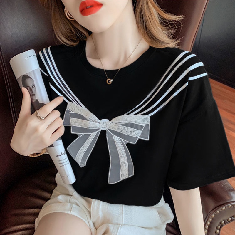 Áo thun IELGY màu trắng/ đen tay ngắn cổ tròn dáng rộng thắt nơ dễ thương cho nữ