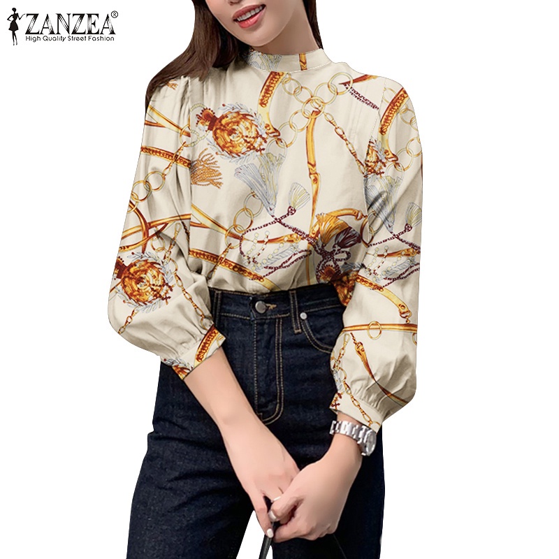 Áo kiểu ZANZEA cổ cao tay phồng họa tiết chuỗi xích thời trang cho nữ