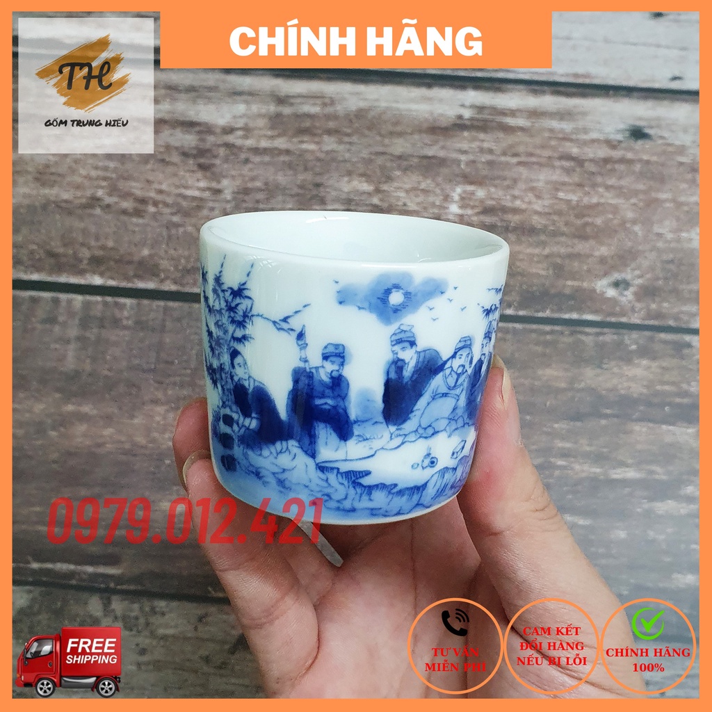 Bộ chén đĩa lẻ uống trà xanh men lam Bát Tràng cao cấp tích trúc lâm thất hiền