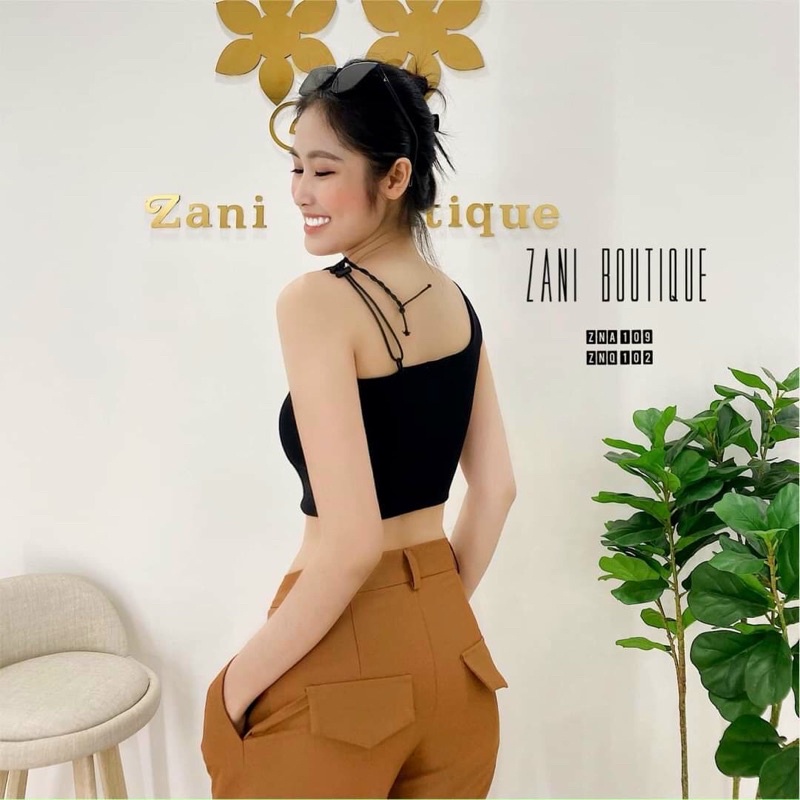 Áo croptop nữ basic đen phối dây vai kiểu độc đáo SC24