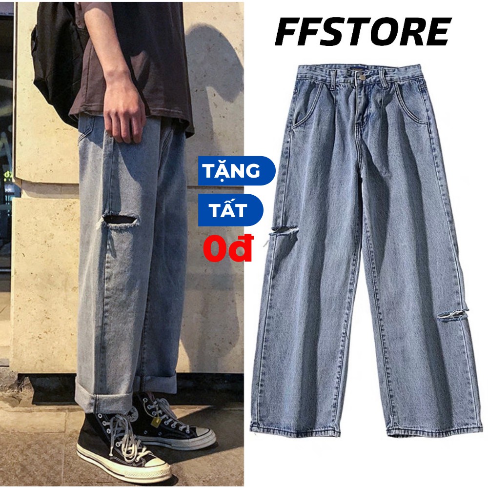 Quần jean nam rách gối ống rộng chất dày TẶNG VỚ 0Đ, quần bò jean ống rộng, quần baggy jean FFStore | BigBuy360 - bigbuy360.vn