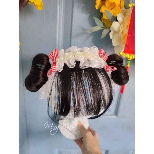 Băng đô ren tóc giả đính nơ caro đỏ xinh