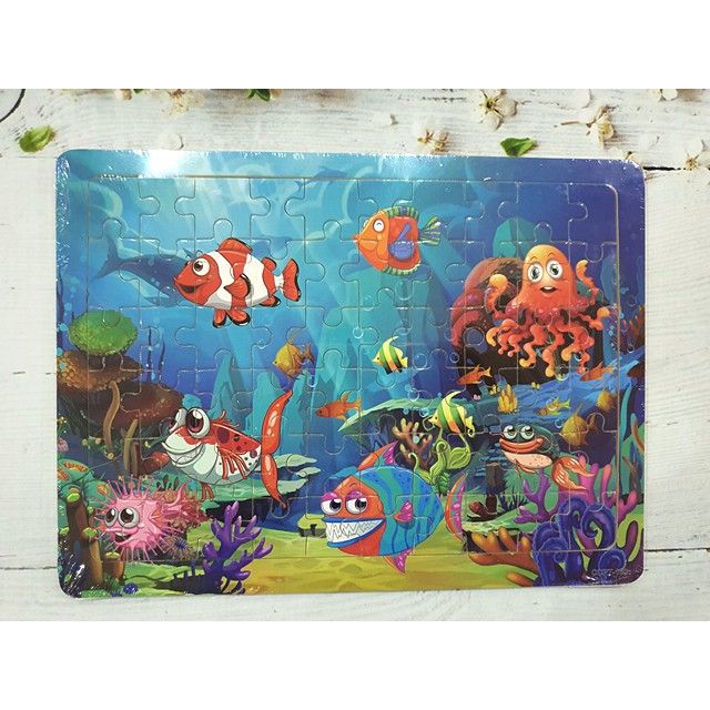 Tranh ghép hình puzzle gỗ 60 pcs - Loại khổ to A4 có nền gỗ và tranh mẫu để bé ghép theo