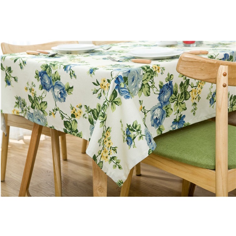 [Size lớn] Khăn trải bàn vải canvas nền trắng dày cao cấp có viền mép hoạ tiết hoa hồng xanh phong cách vintage [[T032]