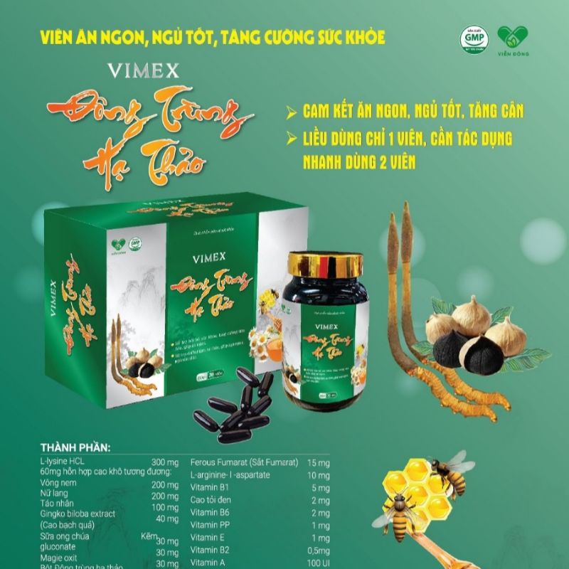VIMEX ĐÔNG TRÙNG HẠ THẢO - hỗ trợ ăn ngon ngủ tốt, tăng cường thể lực, hộp 1lọ 30 viên