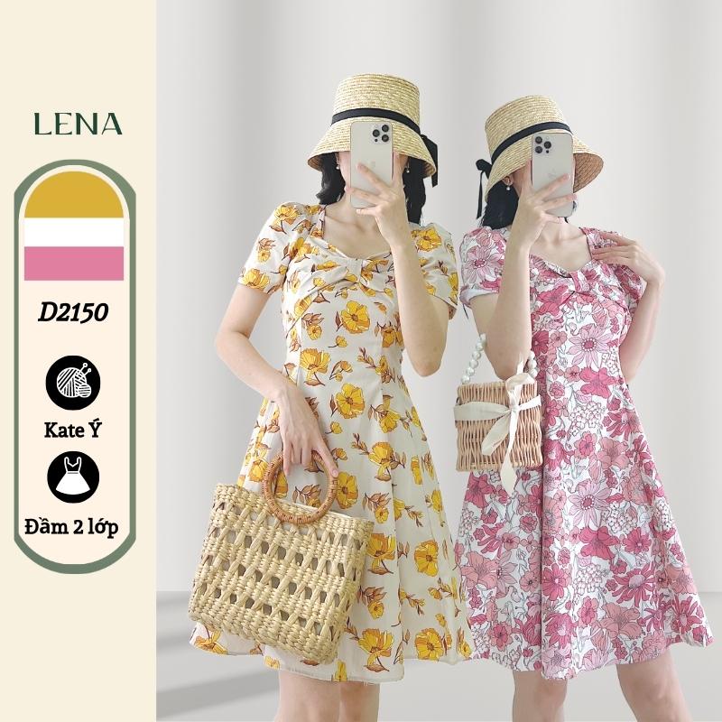 Đầm dáng xòe cổ tim nơ ngực LENA họa tiết hoa nhiệt đới dạo phố trẻ trung - D2150