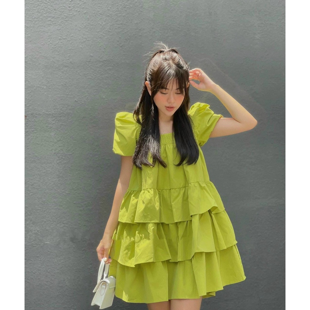 đầm baby cổ vuông tay ngắn bồng kiểu tầng y hình