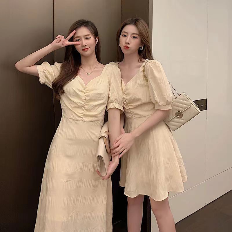 Đầm Voan Hở Lưng Cổ V Tay Phồng Phong Cách Pháp Cổ Điển Váy Nữ