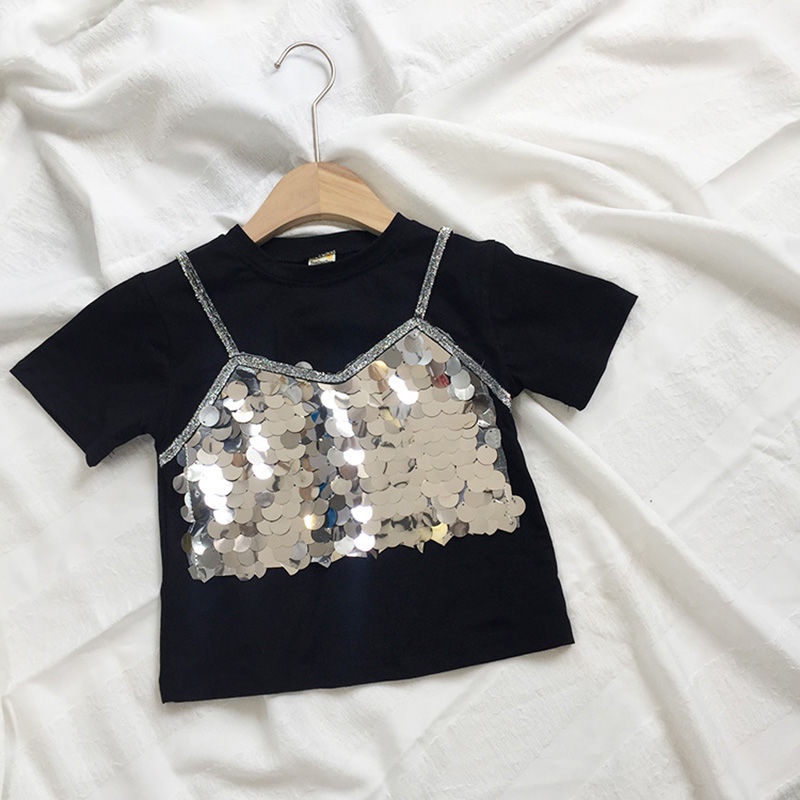 Áo Thun Cotton Tay Ngắn Đính Sequin Thời Trang Dành Cho Bé Gái
