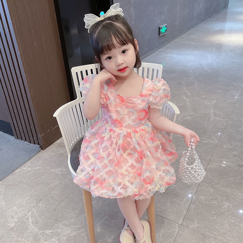 Đầm công chúa tay ngắn phối lưới dễ thương thiết kế thời trang phong cách Hàn Quốc cho bé gái