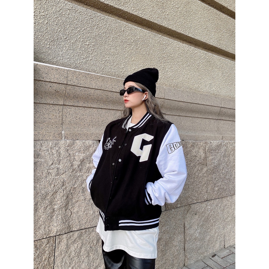 Áo Khoác Varsity nam nữ MÀU ĐEN Gonz Bóng chày .Unisex Form rộng nhung tăm 2 lớp Hình thêu 100%,(ảnh thật)