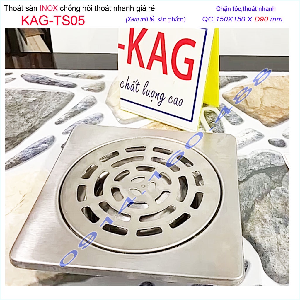 Phễu thoát sàn chống hôi KAG-TS05, ga thoát sàn vuông 15x15cm ống D90 nước thoát nhanh giá tốt sử dụng tốt