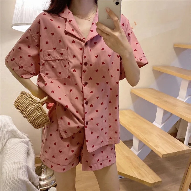 Bộ Đồ Mặc Nhà Pyjama, Quần Áo Ngủ Nữ Hoạ Tiết Trái Tim Hồng Chất Liệu Cotton Hàn Co Dãn Thoải Mái Phong Cách Hàn Quốco
