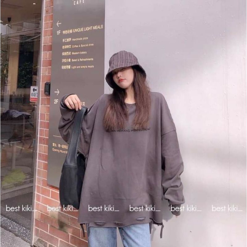 Áo Thun Sweater Dài Tay Trơn Rách Gấu In Chữ Trước Ngực