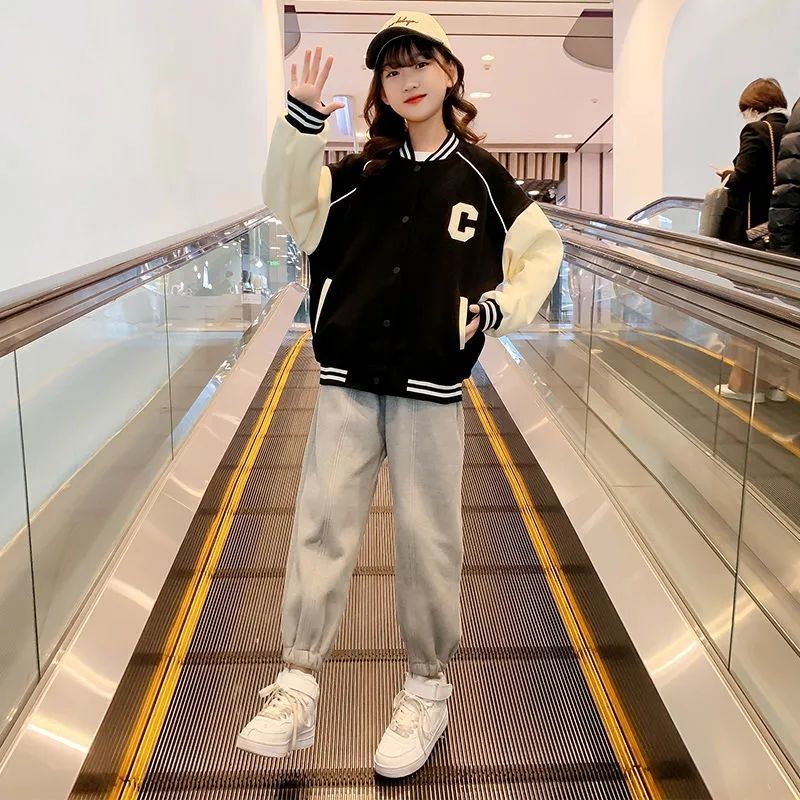 Hàng Có Sẵn Áo Khoác Bóng Chày Đồng Phục Bóng Chày Thời Trang Đường Phố Phương Tây Hình Chữ C Phong Cách Hàn Quốc Thời Trang Mùa Xuân 2022 Dành Cho Bé Gái